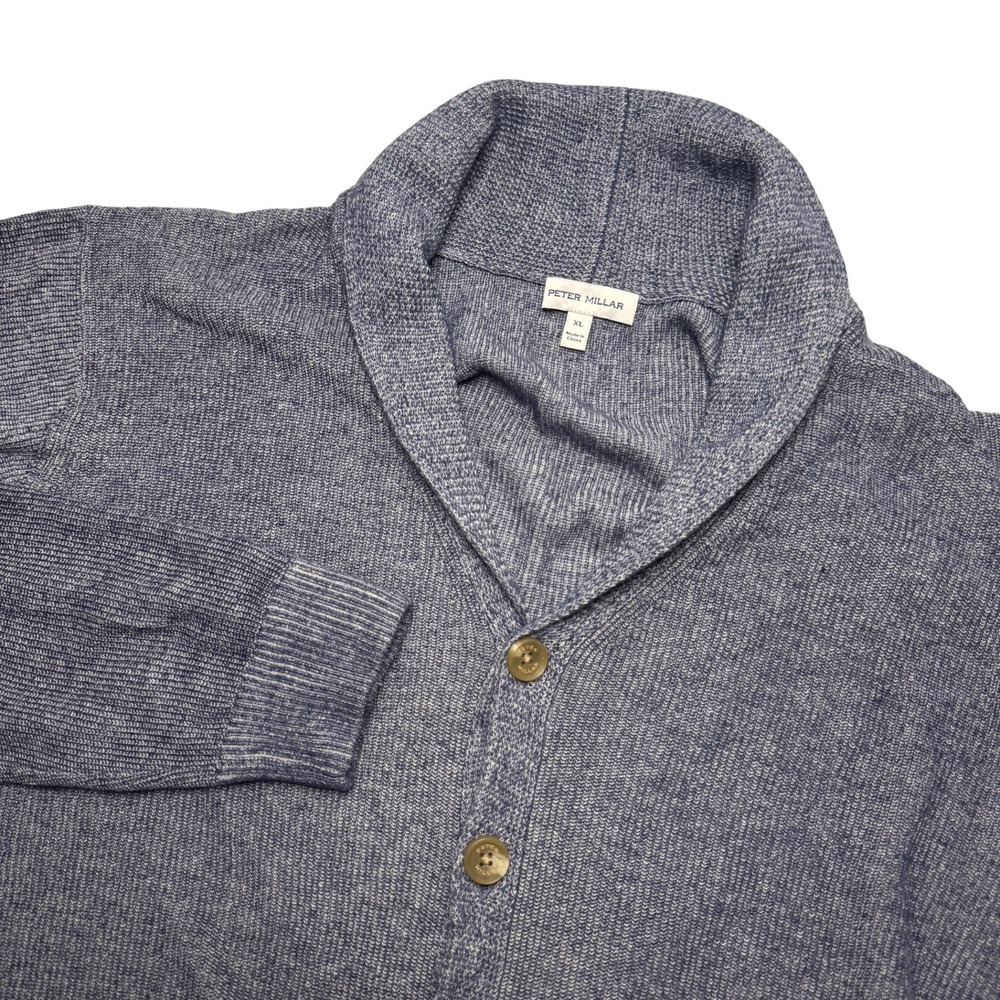 Peter Millar Mens XL Shawl Collar Cardigan Sweater Blue Heathered Knit Pockets